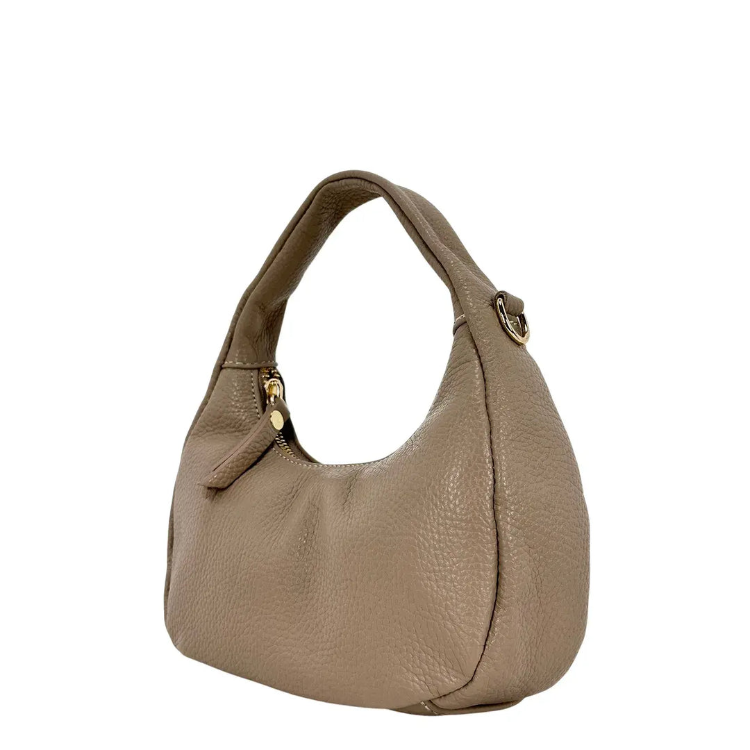 Bassini Borsa Donna Piccola in Pelle Taupe Mini Sacca a Mano con Tracolla Rimovibile