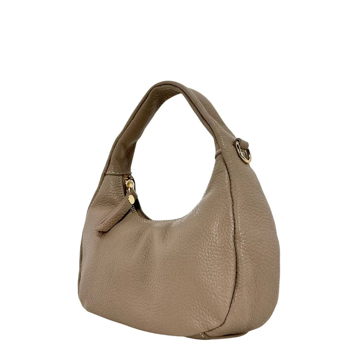 Bassini Borsa Donna Piccola in Pelle Taupe Mini Sacca a Mano con Tracolla Rimovibile