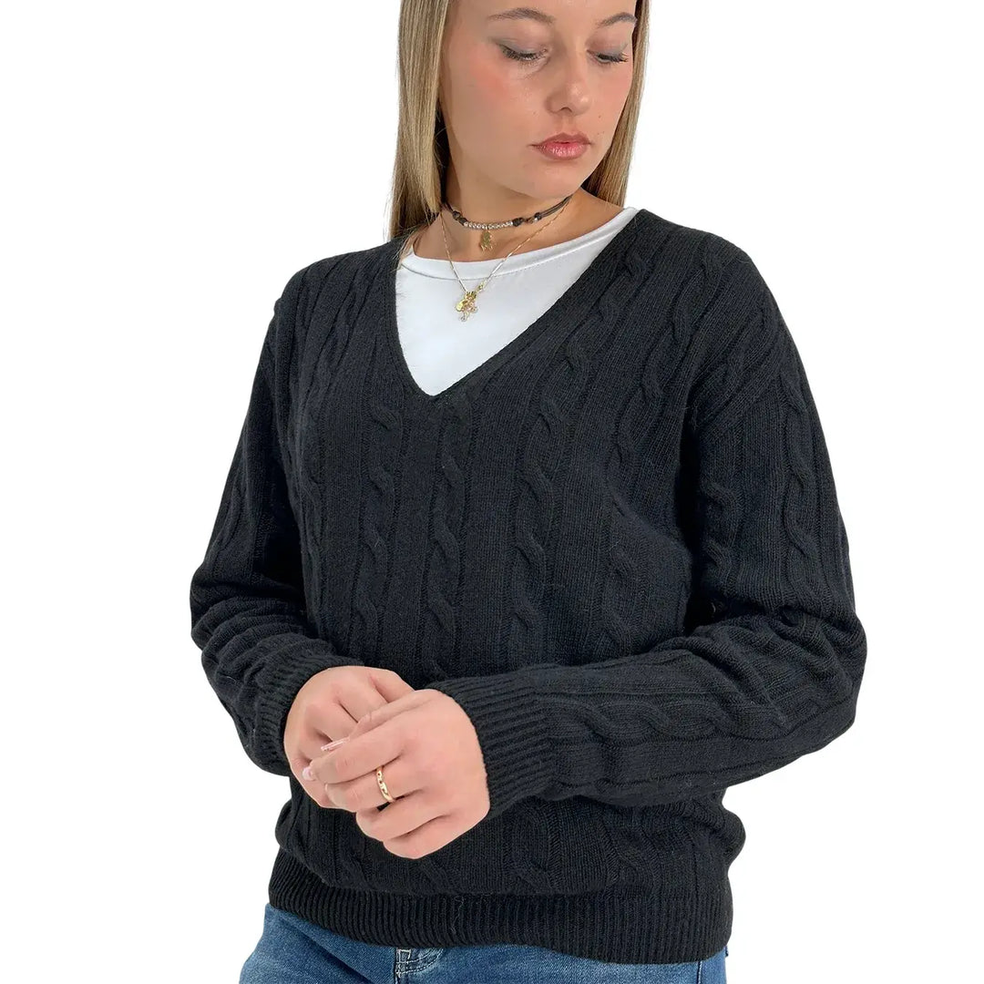 Bassini Maglia Donna Nera a Treccia con Scollo a V e Maniche Raglan Oversize