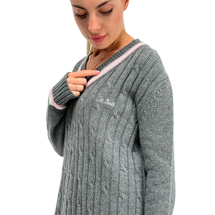 Mc2 Saint Barth Roger Maglia Donna, Scollo a V, Misto Cachemire, Grigio