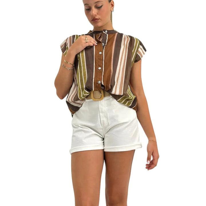 Bassini Blusa Donna Rigata Marrone e Verde con Nodo sul Davanti, Scollo Coreano e Smanicata