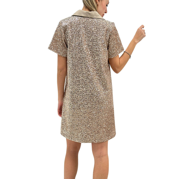 Motel Abito Donna, Modello Mini, Full Paillettes, Beige