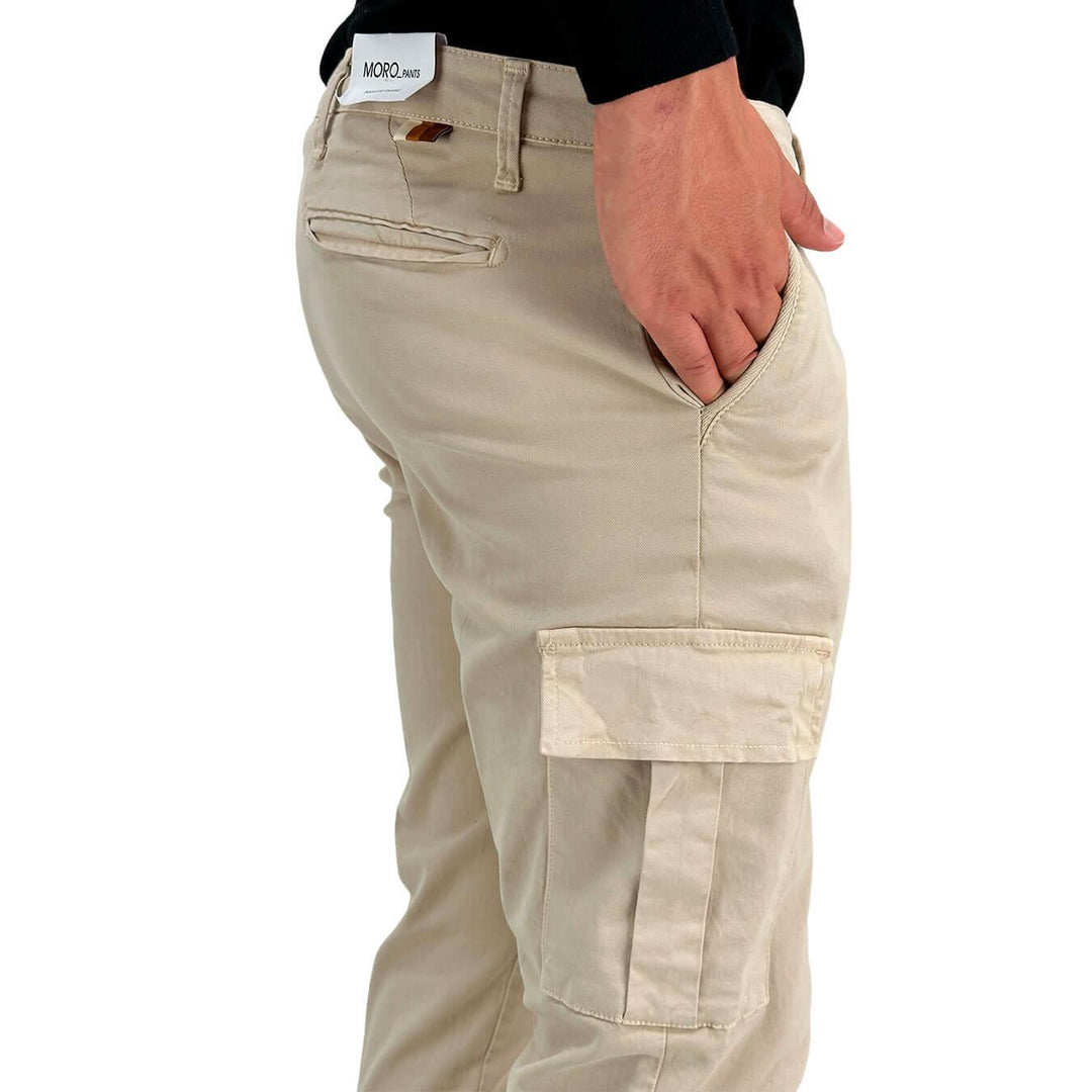 Moro Pantaloni Uomo, Cargo, Tasche Laterali, Cotone, Beige