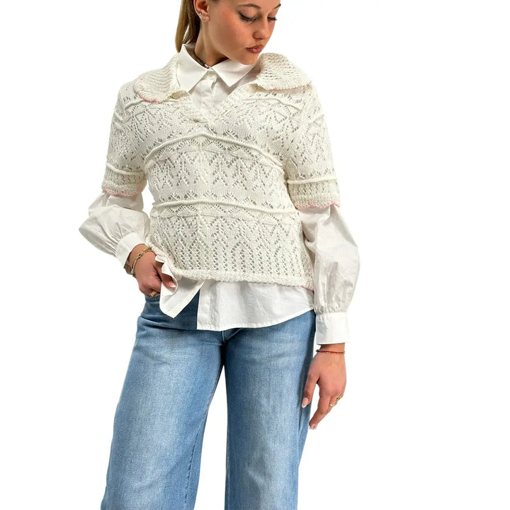 Bassini, Maglia Crochet, Donna, Cotone, Bianco
