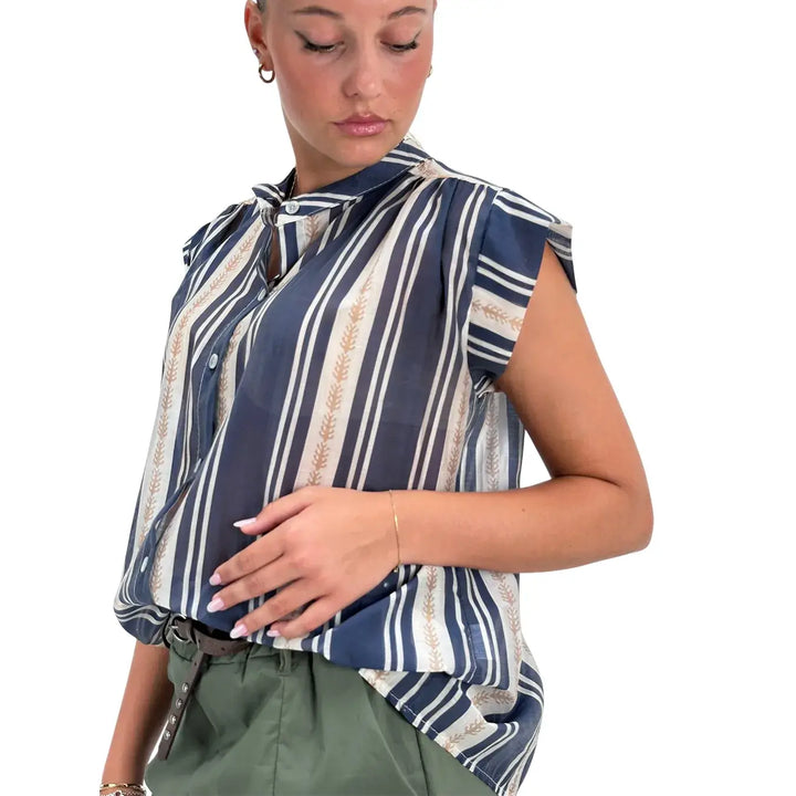 Bassini Blusa Donna Blu Beige Rigata Smanicata con Nodo Frontale e Scollo Coreano