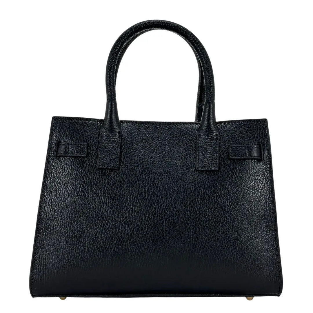 Bassini Borsa Donna in Pelle Nera con Doppi Manici, Tracolla Rimovibile e Chiusura con Zip