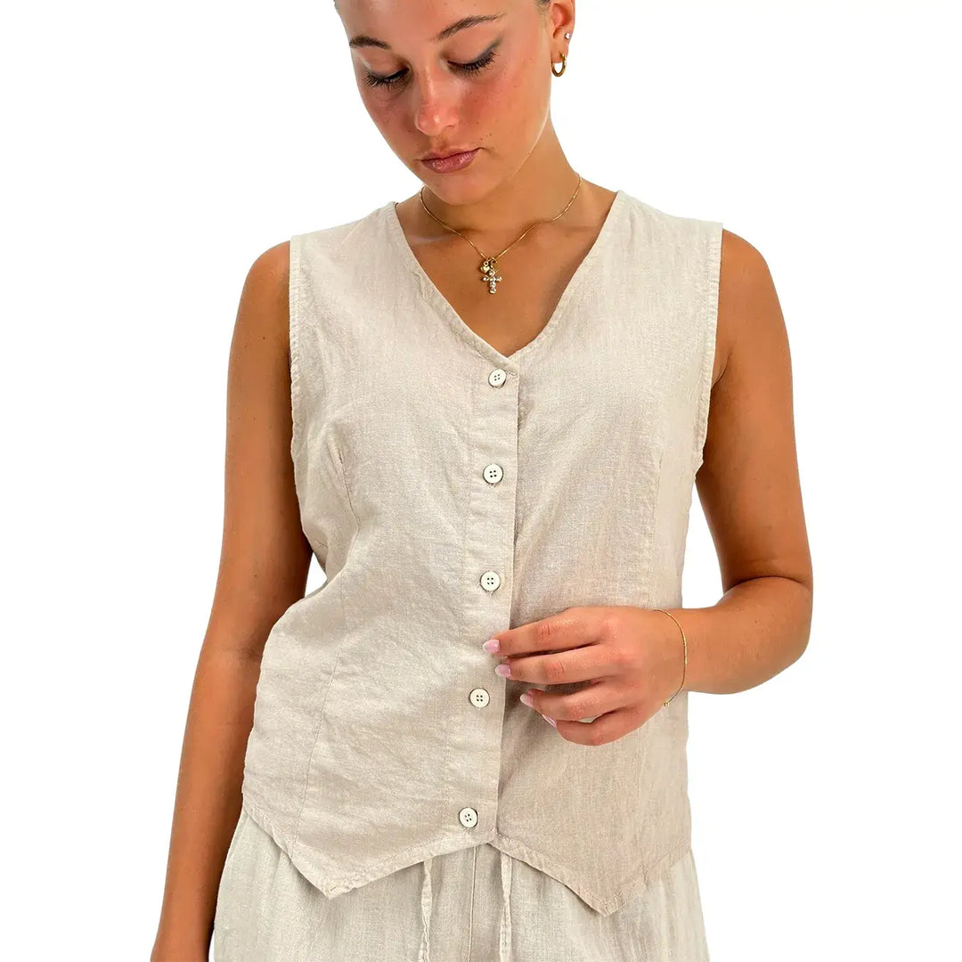 Bassini Camicia Donna Beige Smanicata in Lino e Cotone con Bottoni e Collo a V
