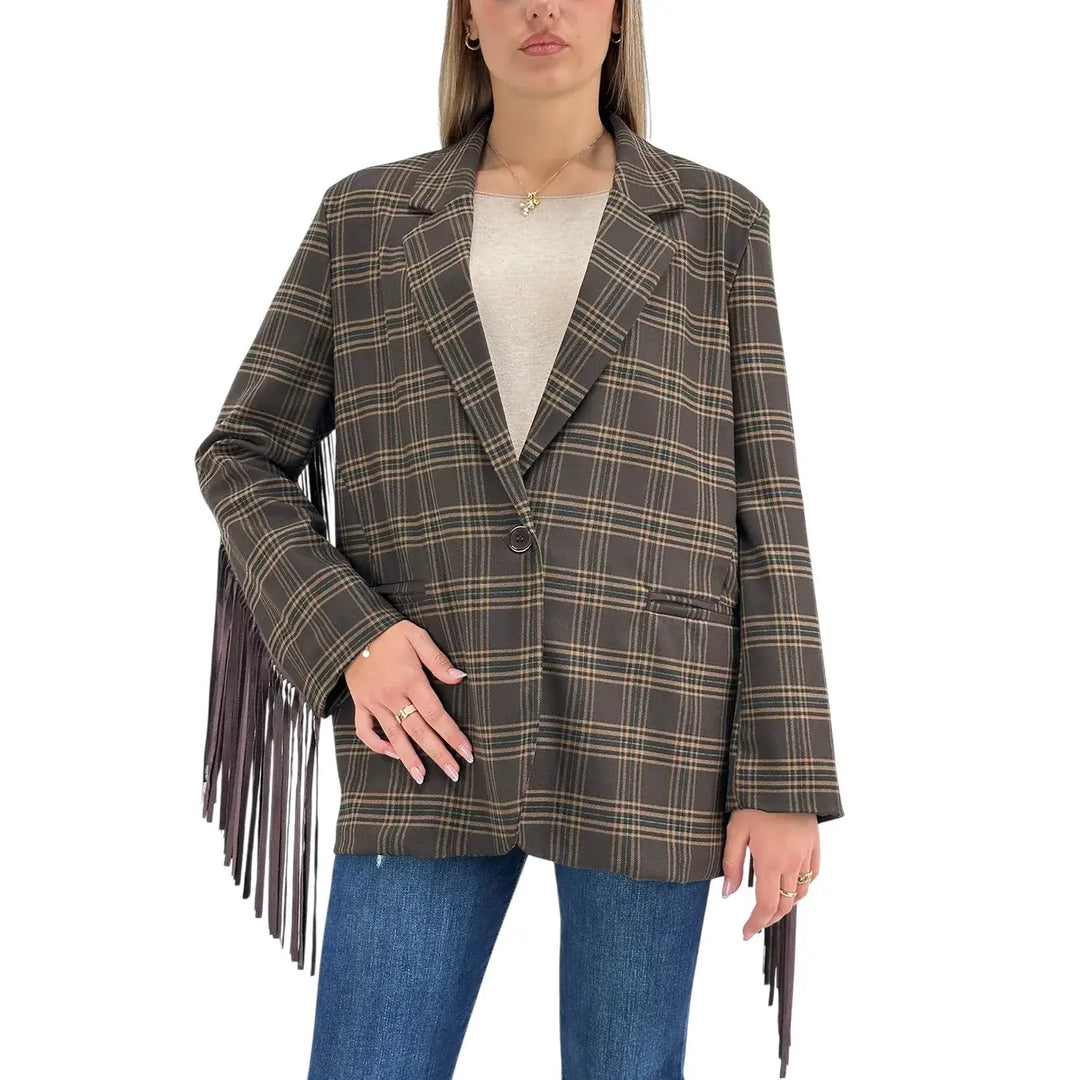Bassini Giacca Donna Cioccolato Check Oversize Monopetto con Frange Marroni