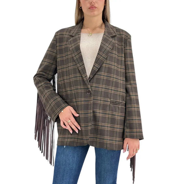 Bassini Giacca Donna Cioccolato Check Oversize Monopetto con Frange Marroni