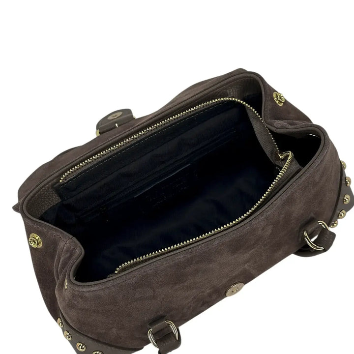 Bassini Borsa Donna in Pelle Scamosciata Taupe con Borchie Oro, Patta con Fibbia Magnetica e Tracolla Rimovibile