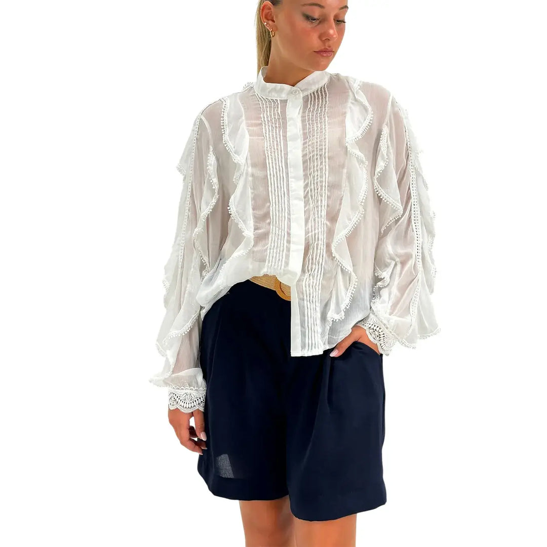 Bassini Camicia Donna Bianca con Rouches Maniche Lunghe Collo alla Coreana e Tessuto Plissettato
