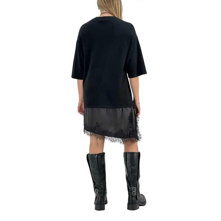 Bassini Abito Donna Nero in Maglia con Balza in Raso e Pizzo e Spacchi Laterali