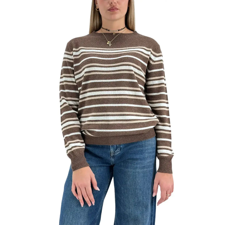 Bassini Maglia Donna Marrone a Righe Panna e Cammello Girocollo Oversize