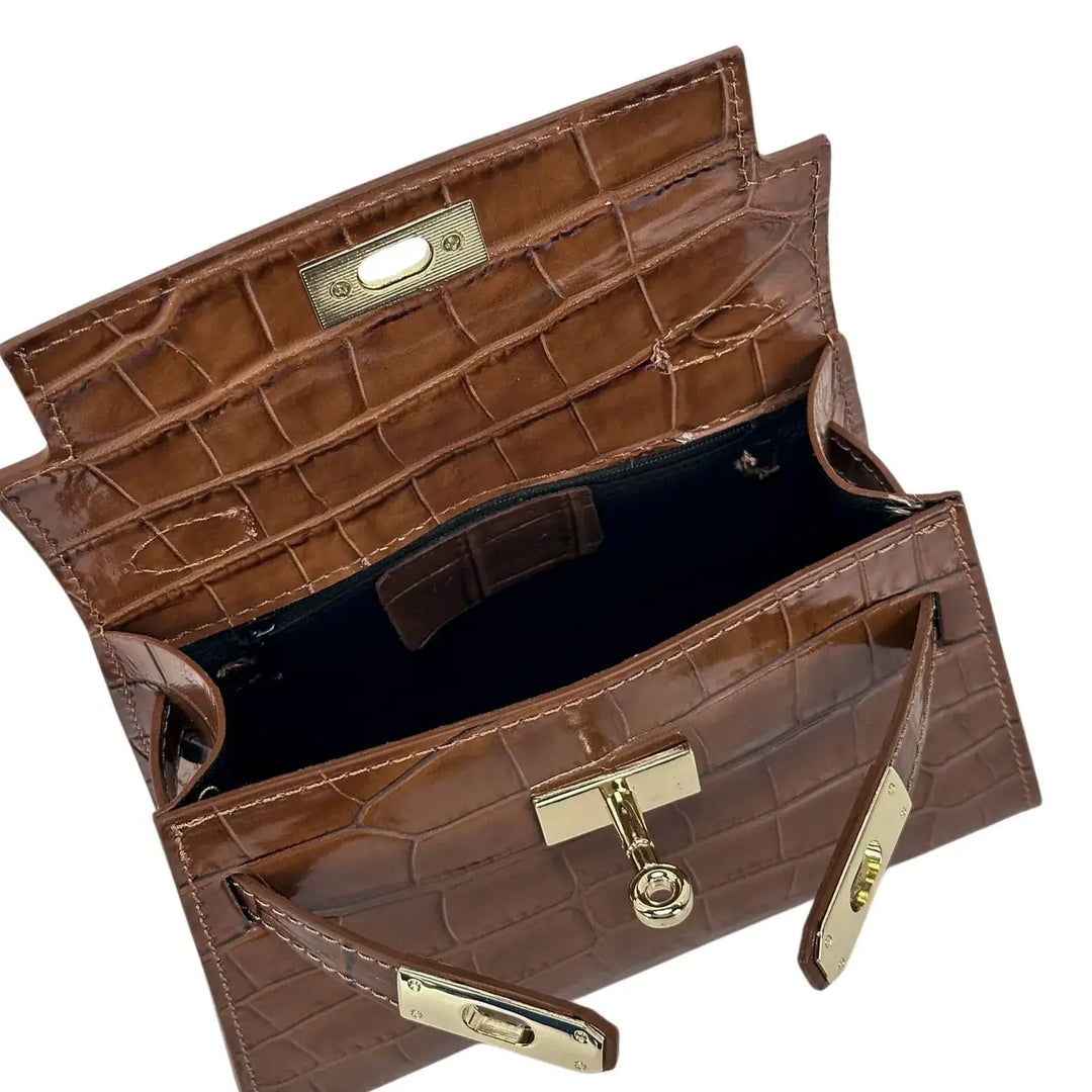 Bassini Borsa Donna Piccola in Pelle Cognac Stampa Cocco con Maniglia Centrale e Tracolla Rimovibile