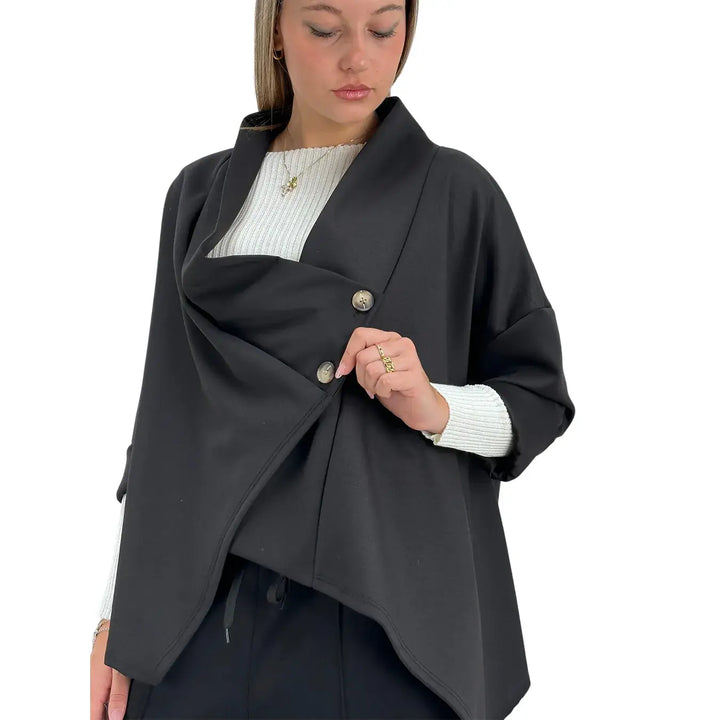 Bassini Giacca Donna Nera in Felpa Over Asimmetrica a Due Bottoni con Maniche Raglan