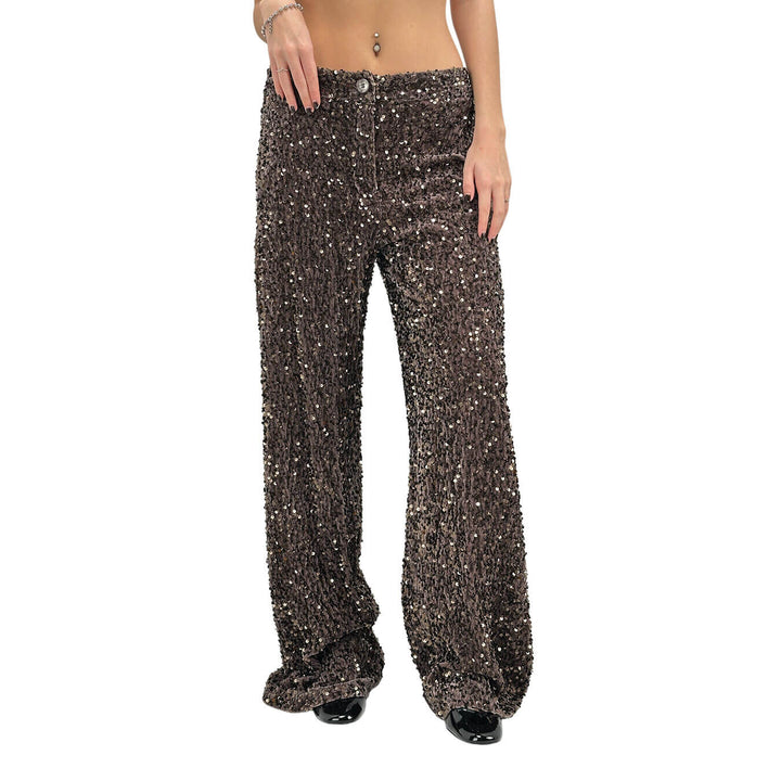 Motel Pantaloni Donna, Full Paillettes e Lurex, Svasato, Marrone