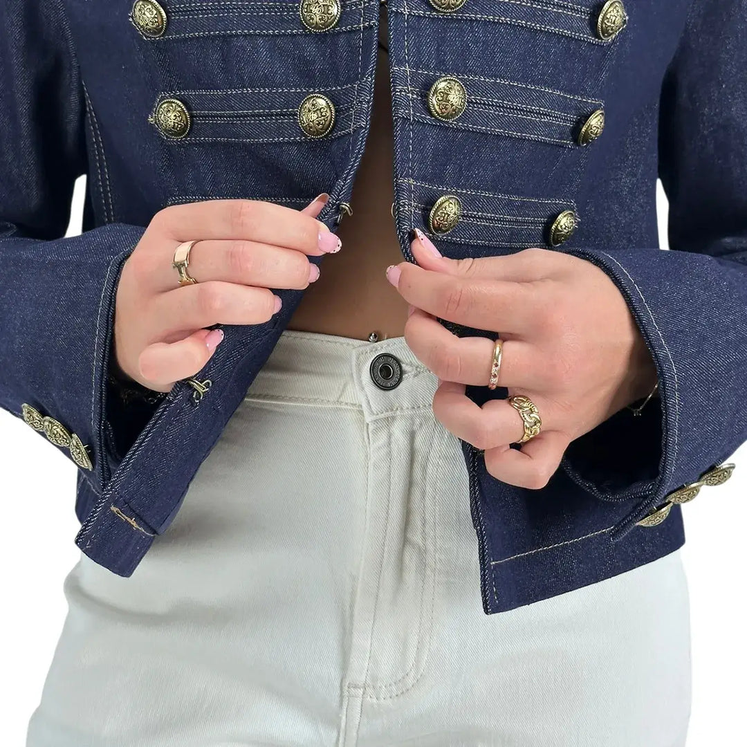 Bassini Giacca Donna Blu Denim Stile Militare Napoleone con Bottoni Color Oro Antico