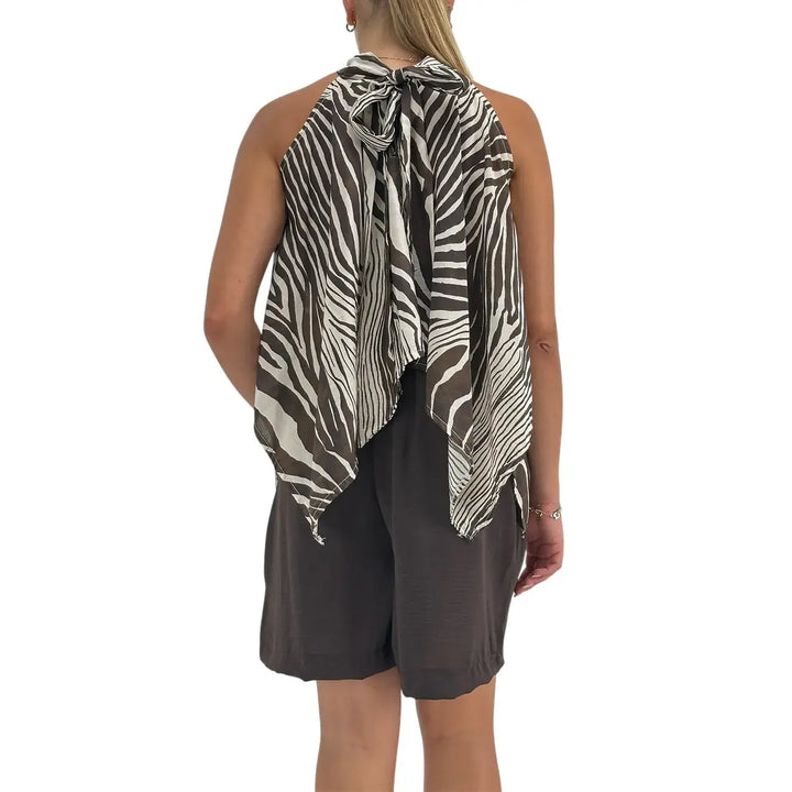 Bassini Top Donna Beige Zebrato Marrone con Nodo sul Collo