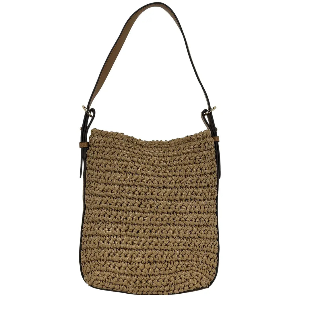 Bassini Borsa Donna Secchiello in Rafia Taupe con Tracolla Ecopelle e Tracolla Rimovibile