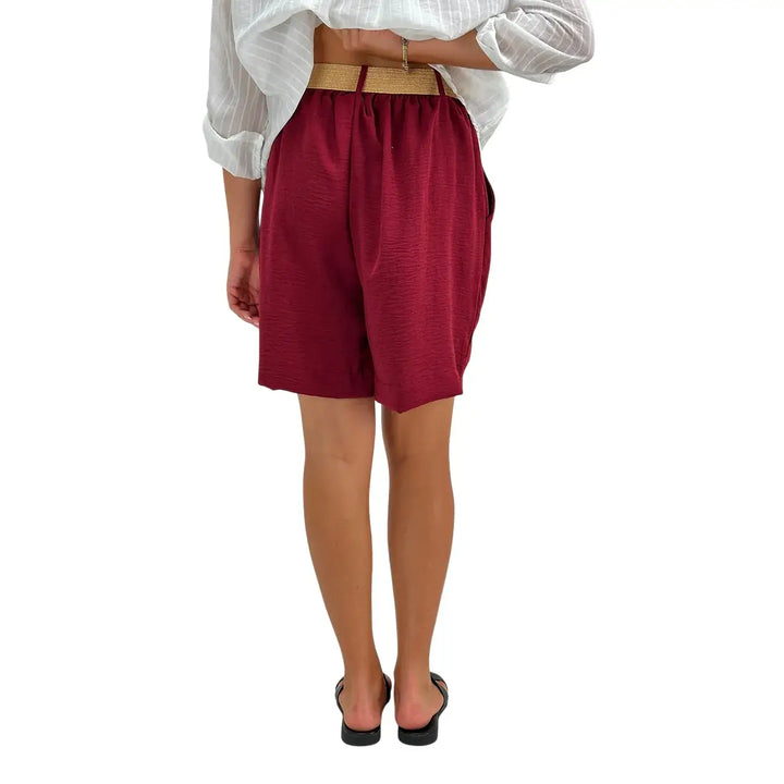 Bassini Bermuda Donna Borgogna in Lino e Cotone con Cintura in Rafia