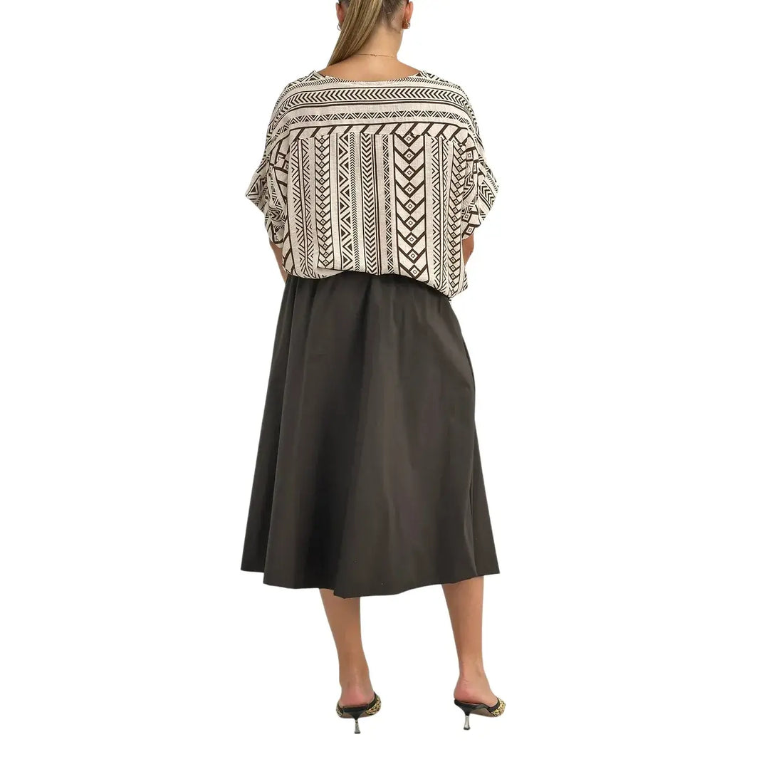 Bassini Blusa Donna Burro con Fantasia Moro, Scollo Madonna e Maniche Corte