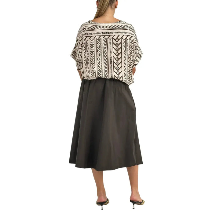 Bassini Blusa Donna Burro con Fantasia Moro, Scollo Madonna e Maniche Corte