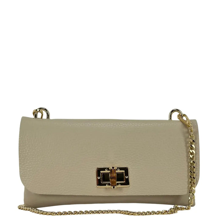 Bassini Borsa Donna Piccola in Pelle Avorio con Tracolla Oro e Chiusura Girello Bambù