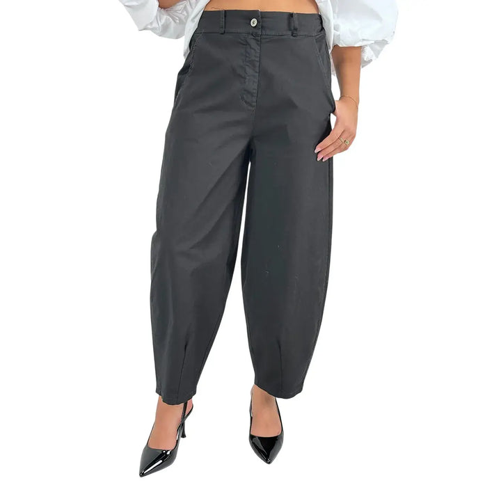 Bassini Pantaloni Donna Modello a Banana Oversize in Tessuto Elasticizzato Nero con Elastico in Vita