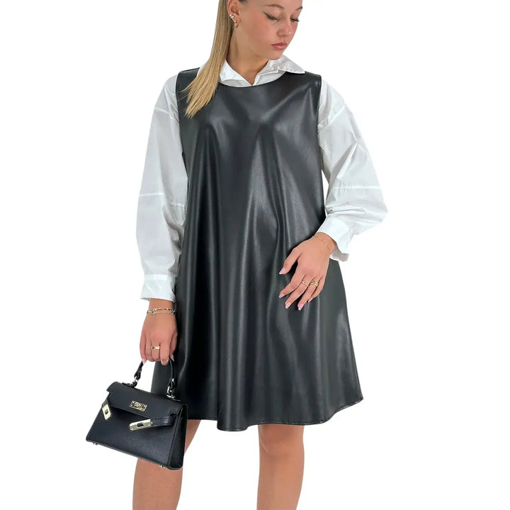 Bassini Abito Donna in Ecopelle Nero Smanicato Oversize a Trapezio con Scollo a Barca e Tasche Laterali