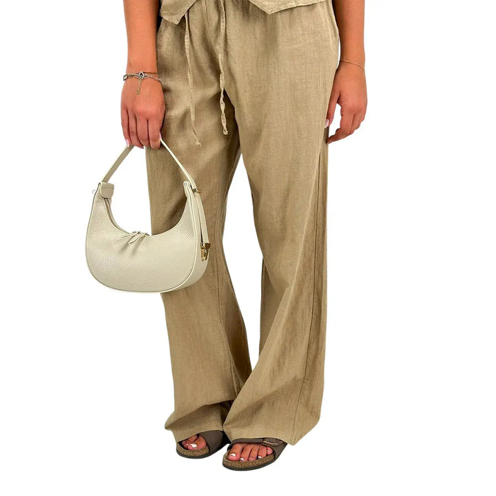 Bassini Pantaloni Donna Fango Palazzo in Lino e Cotone con Coulisse in Vita