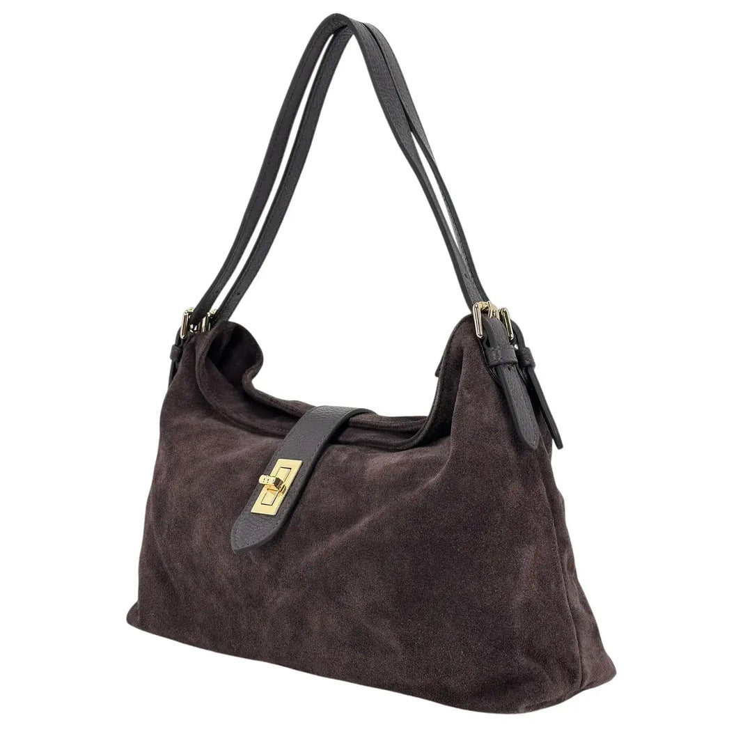 Bassini Borsa Donna in Pelle Scamosciata con Due Manici, Tracolla Intercambiabile e Girello Oro Cioccolato