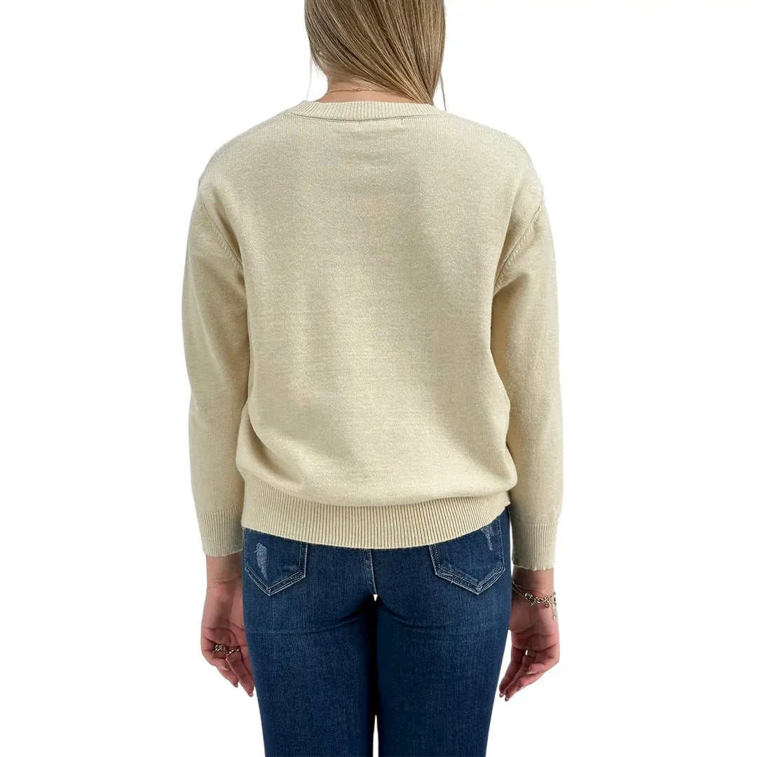 Bassini Maglia Donna Avorio a Rombi Cammello e Grigio con Girocollo e Maniche Lunghe