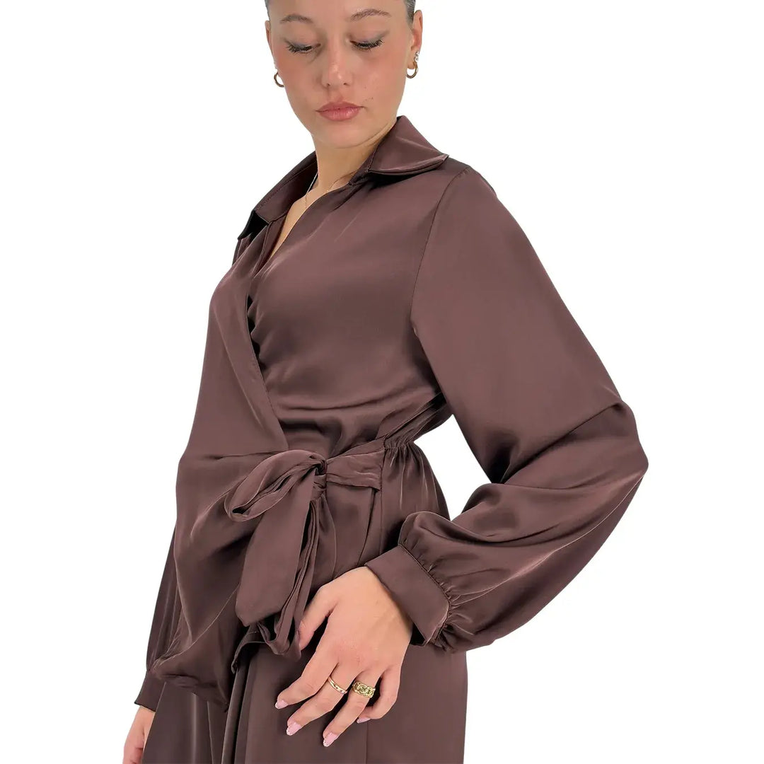 Bassini Camicia Donna Cioccolato Incrociata con Fiocco Laterale ed Elastico Posteriore