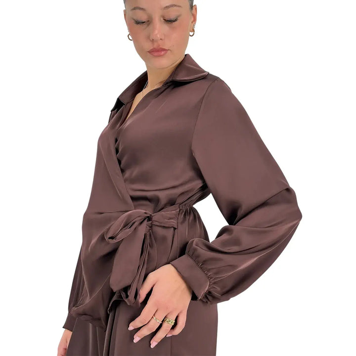 Bassini Camicia Donna Cioccolato Incrociata con Fiocco Laterale ed Elastico Posteriore