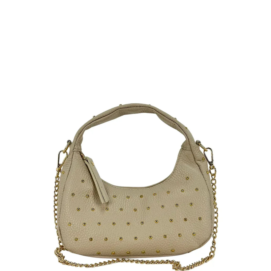 Bassini Borsa Donna Mini Sacca in Pelle Avorio con Borchie Oro e Tracolla Catena Rimovibile