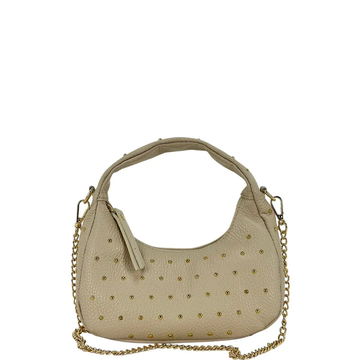 Bassini Borsa Donna Mini Sacca in Pelle Avorio con Borchie Oro e Tracolla Catena Rimovibile