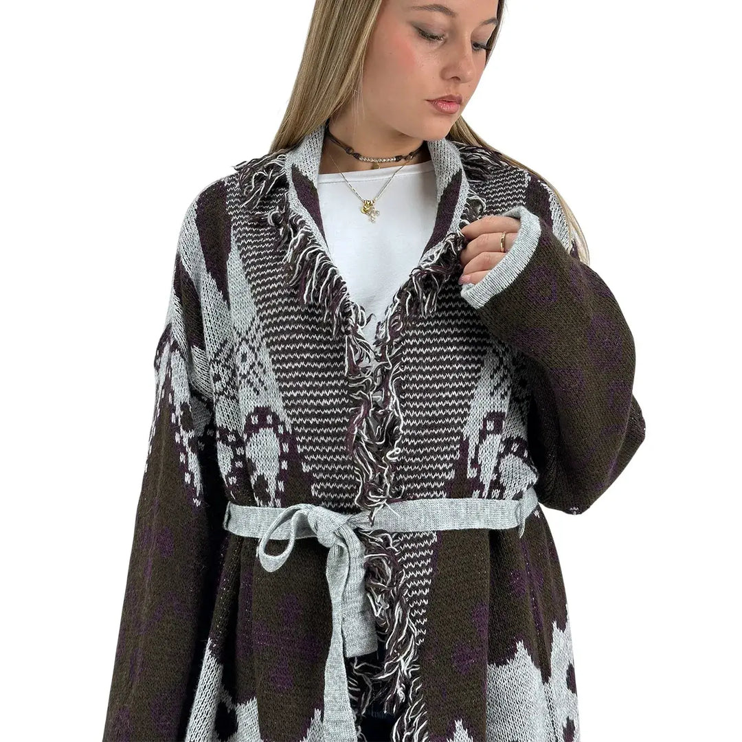 Bassini Cardigan Donna Aperto con Cintura Moro e Grigio con Ricamo Cuori e Bordi Sfrangiati
