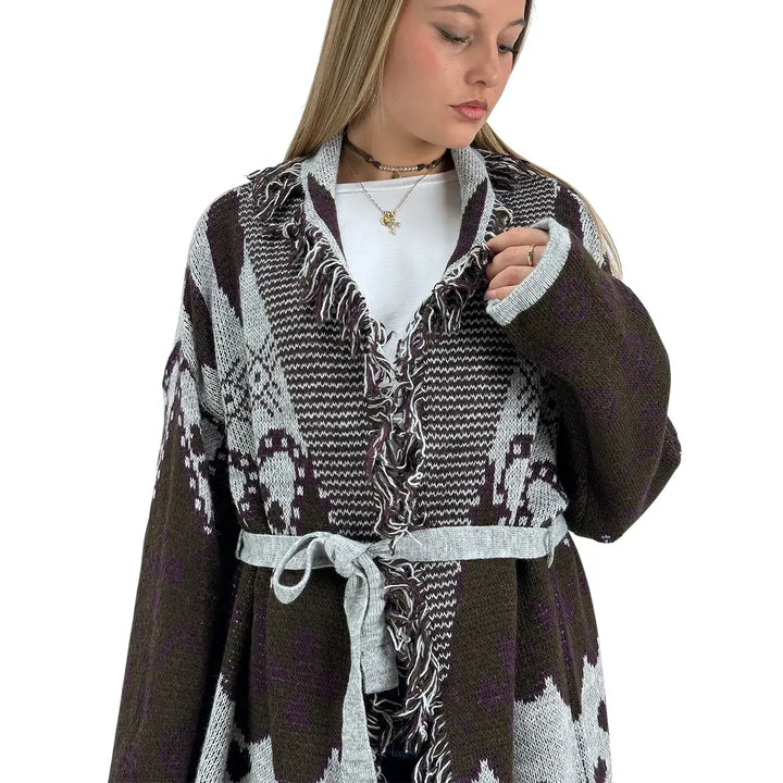 Bassini Cardigan Donna Aperto con Cintura Moro e Grigio con Ricamo Cuori e Bordi Sfrangiati