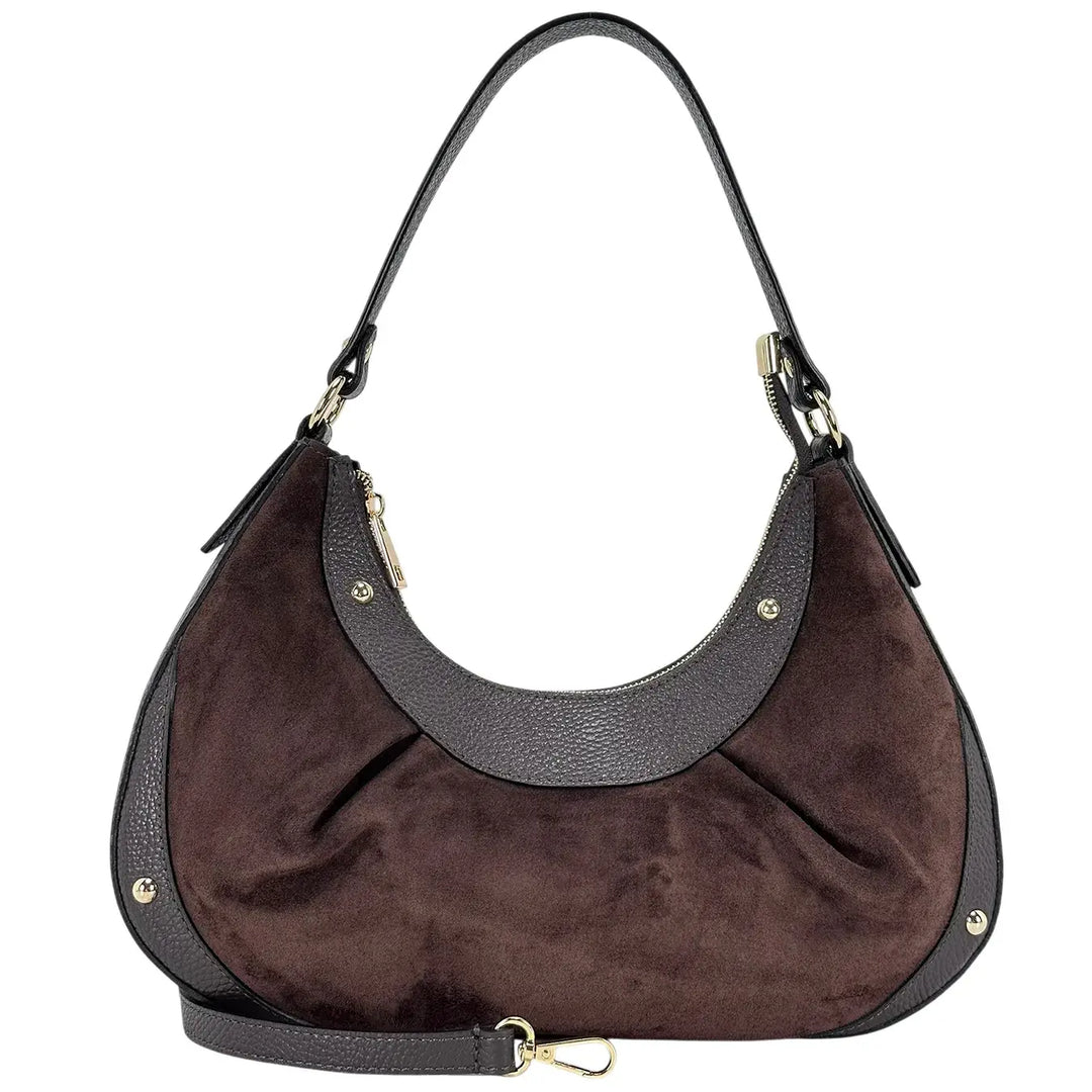 Bassini Borsa Donna a Mezza Luna in Pelle Scamosciata Cioccolato con Rifiniture in Pelle Dollaro e Borchie Oro