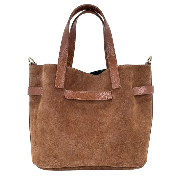 Bassini Borsa Donna a Secchiello in Pelle Scamosciata Cognac con Due Manici e Tracolla Rimovibile