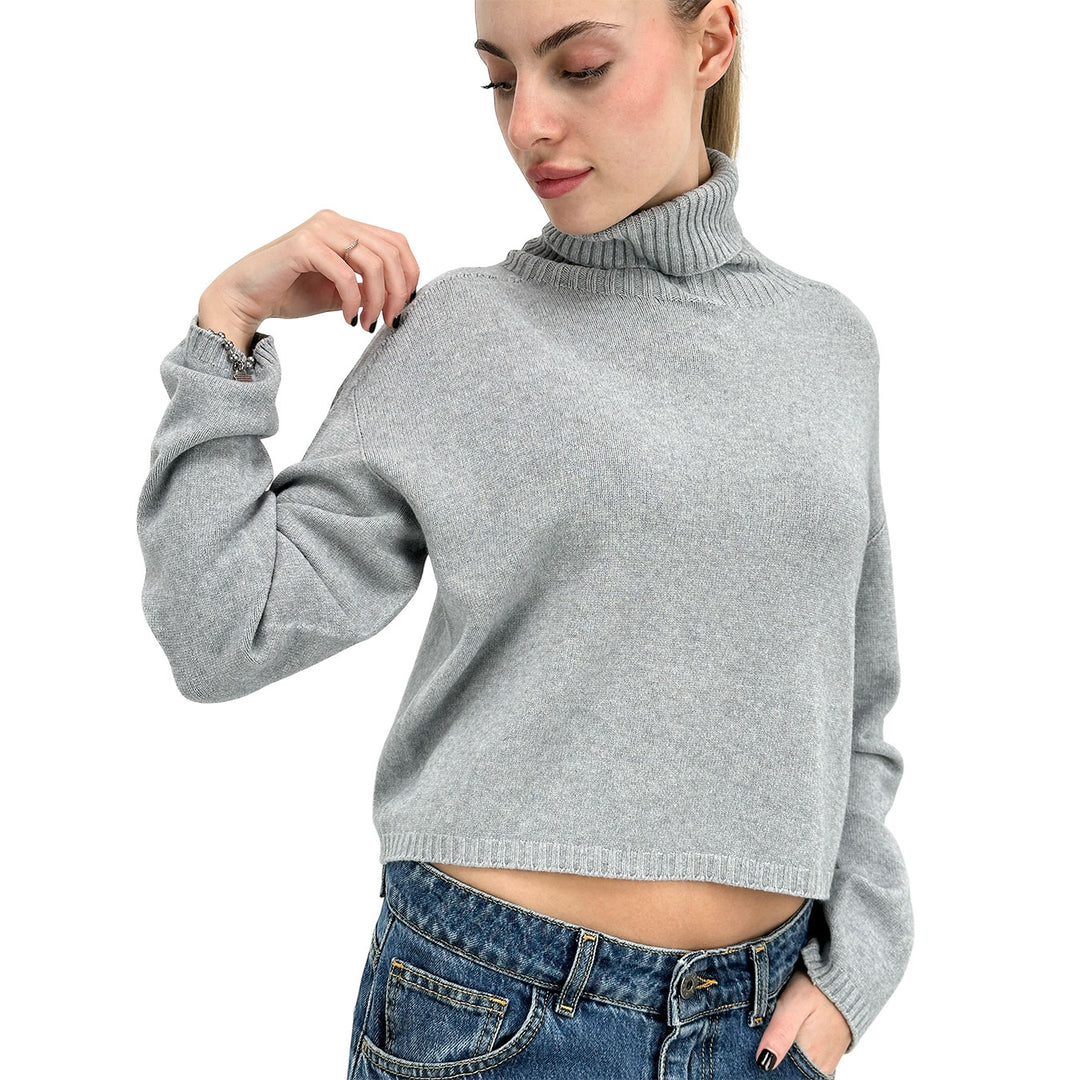 Kontatto Maglia Donna, Crop, Collo Alto, Tessuto Misto, Grigio