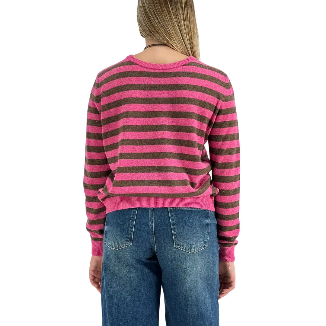 Bassini Maglia Donna Fucsia a Righe Cioccolato Girocollo Oversize con Maniche Lunghe