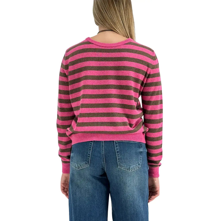 Bassini Maglia Donna Fucsia a Righe Cioccolato Girocollo Oversize con Maniche Lunghe