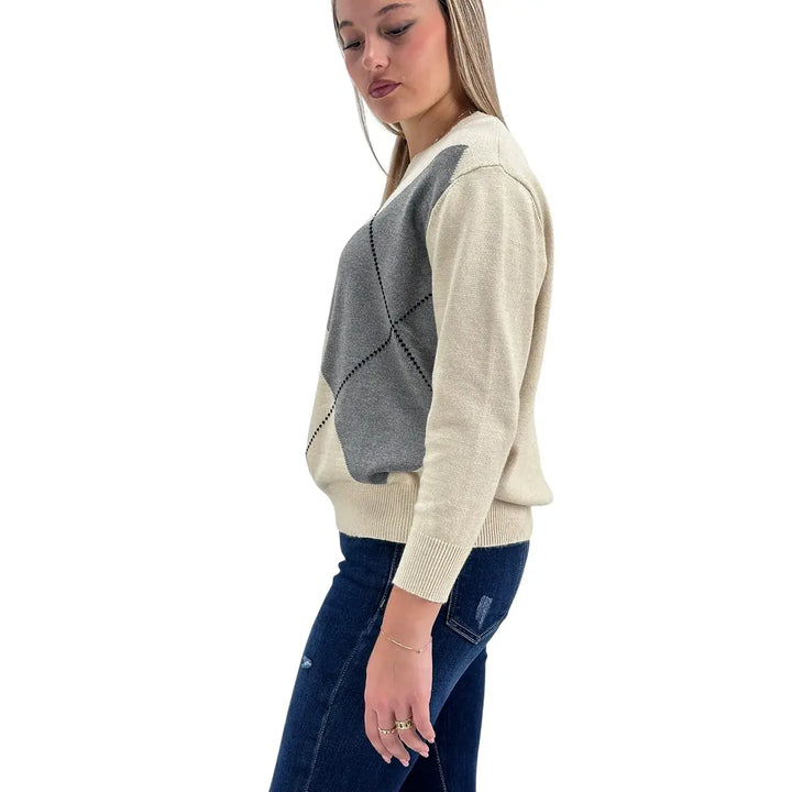 Bassini Maglia Donna Avorio a Rombi Cammello e Grigio con Girocollo e Maniche Lunghe