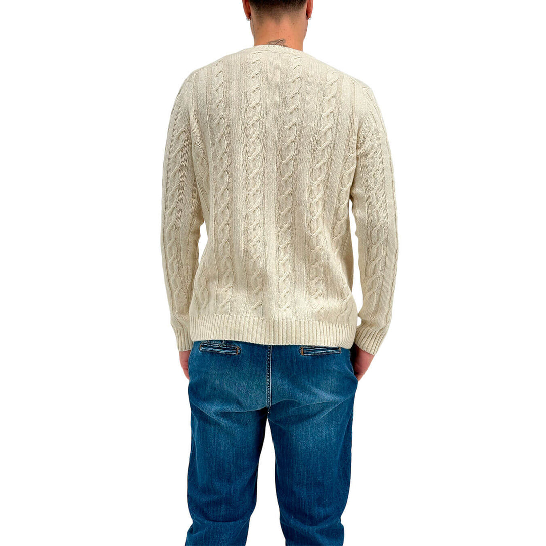 Refabrics Men's Sweater, Crewneck, Cables, Cashmere, Ivory