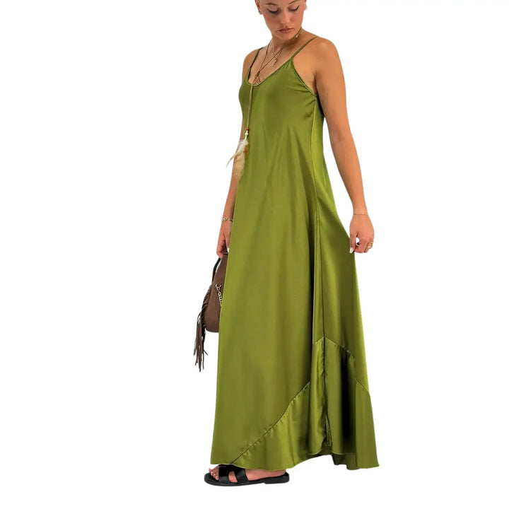 Bassini Abito Donna Verde Acido Modello Sottoveste con Spallini e Collana Piuma Inclusa