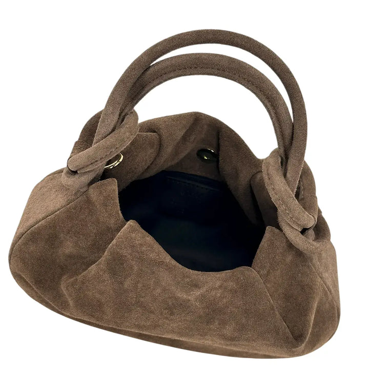 Bassini Borsa Donna Pasticcino in Pelle Scamosciata Taupe con Doppi Manici e Tracolla Rimovibile