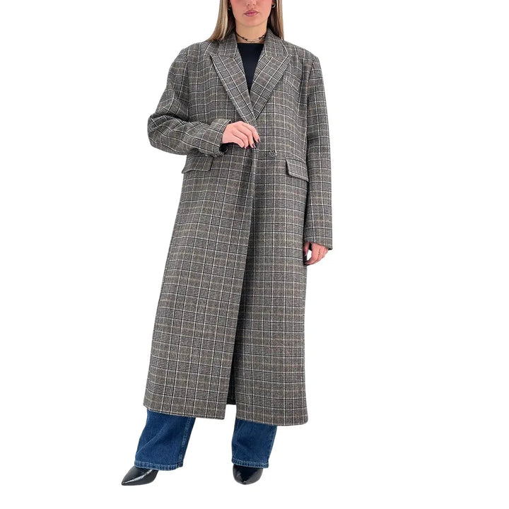 Bassini Cappotto Donna Lungo Marrone e Blu Principe di Galles Doppiopetto