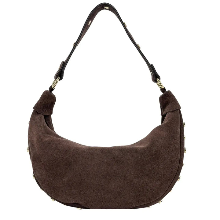 Bassini Borsa Donna Mezza Luna in Pelle Scamosciata con Borchie Oro e Tracolla Intercambiabile Cioccolato
