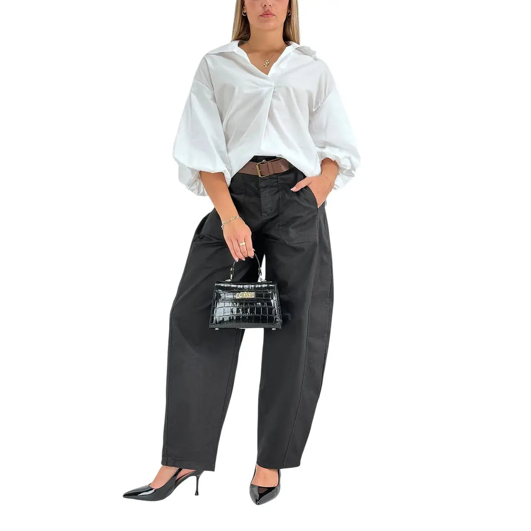 Bassini Pantaloni Donna Neri Oversize Modello a Banana con Tasche a Toppa e Cintura in Ecopelle
